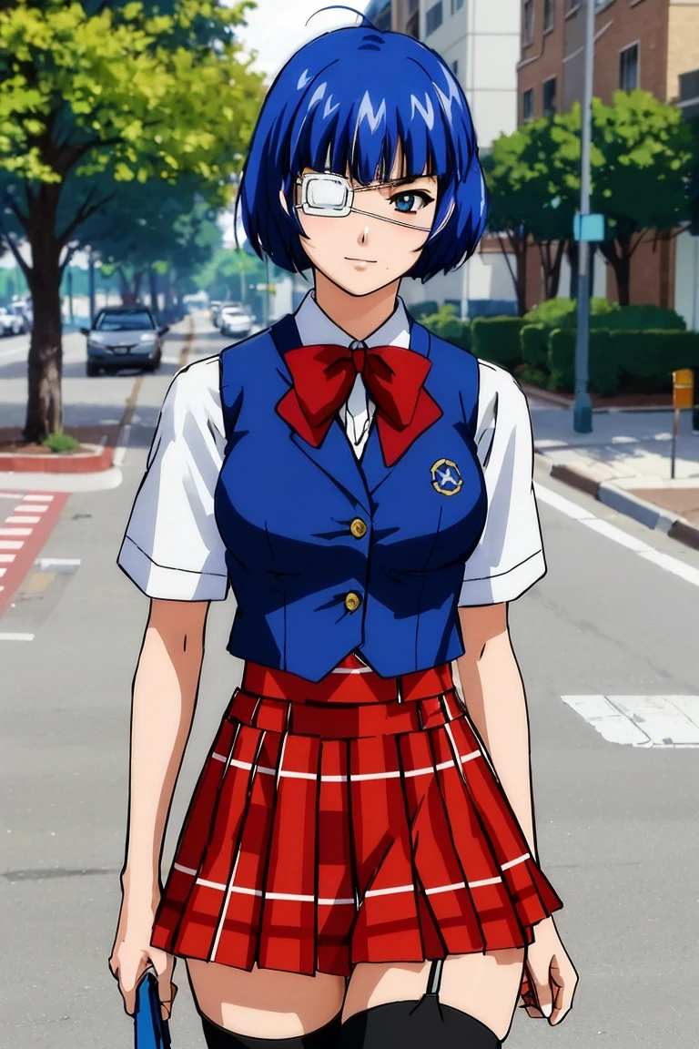 <lora:shimeiryomou-05:0.6>, ,((short hair, blue hair)), (slight smile),(eyepatch),closeup, portrait shimeiryomou, a photo of a woman, plaid skirt, shirt, vest, bow tie, thighhighs, eyepatch, walking, outdoors, city street, ((detailed eyes, detailed face))