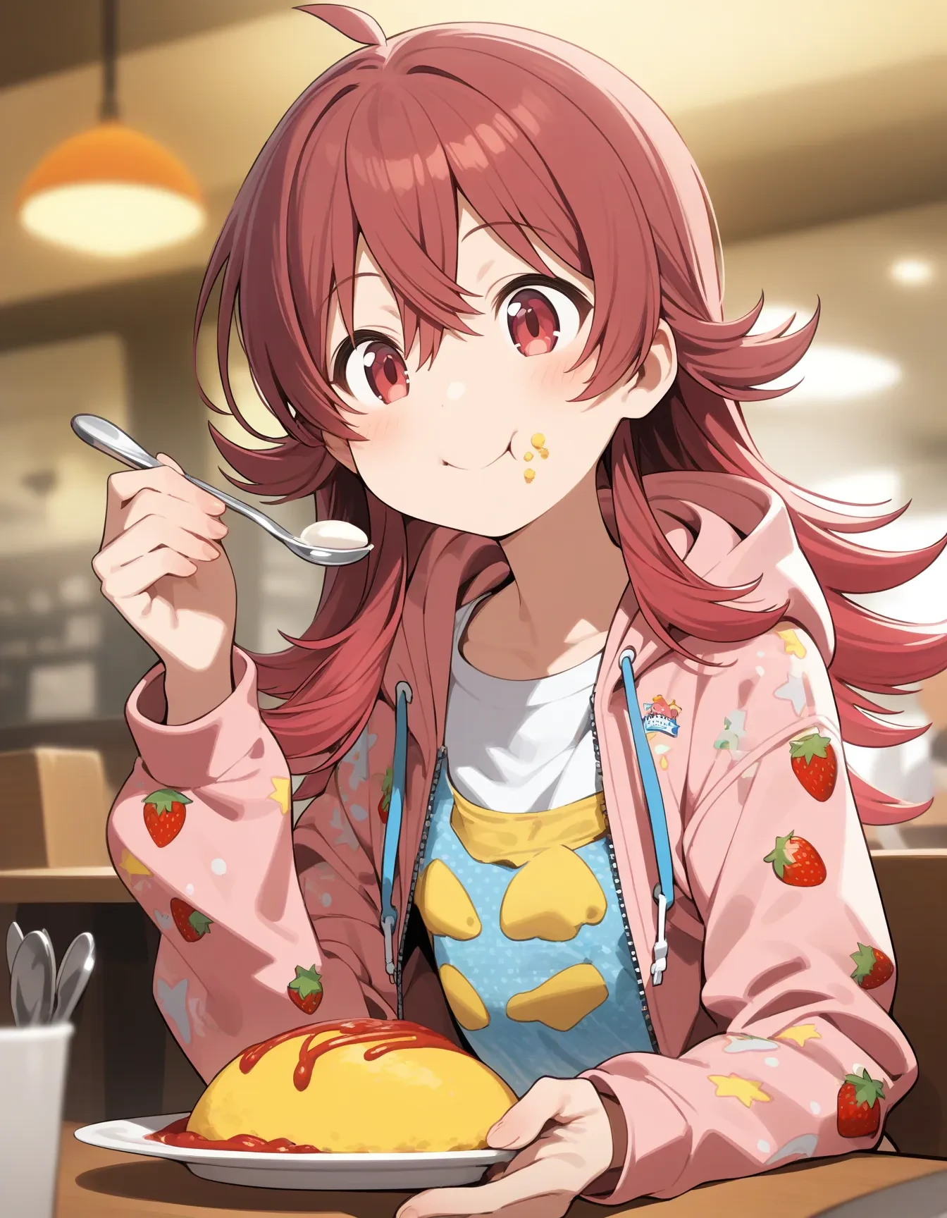 k_komiya, 1girl, ahoge, blurry, blurry background, blush, dot nose, eating, flat chest, food, food on face, food print, hair between eyes, hand up, holding, holding spoon, hood, hooded jacket, indoors, jacket, ketchup, long hair, long sleeves, looking ahead, omelet, omurice, pink jacket, plate, print jacket, print shirt, puffy cheeks, red eyes, red hair, restaurant, shirt, smile, solo, sparkle, star \(symbol\), spoon, strawberry print, table, upper body, white shirt
masterpiece, best quality, very aesthetic, absurdres
<lora:k_komiyaXL_animagine:1>