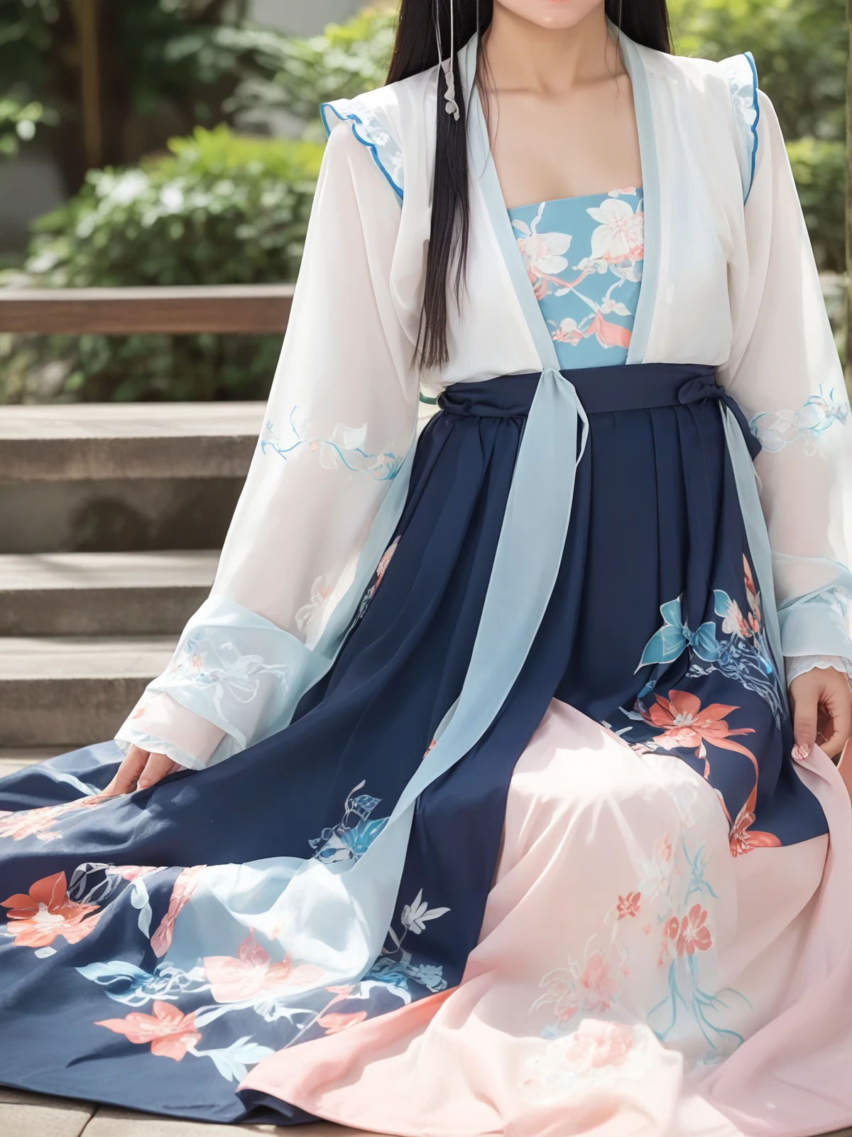 Chiffon blouse, Print, Ruffles, best quality, masterpiece, long hair, small breasts, <lora:Ð¿Ð»Ð°ÑÑÑ:0.8>, (Hanfu_dress:1.2)