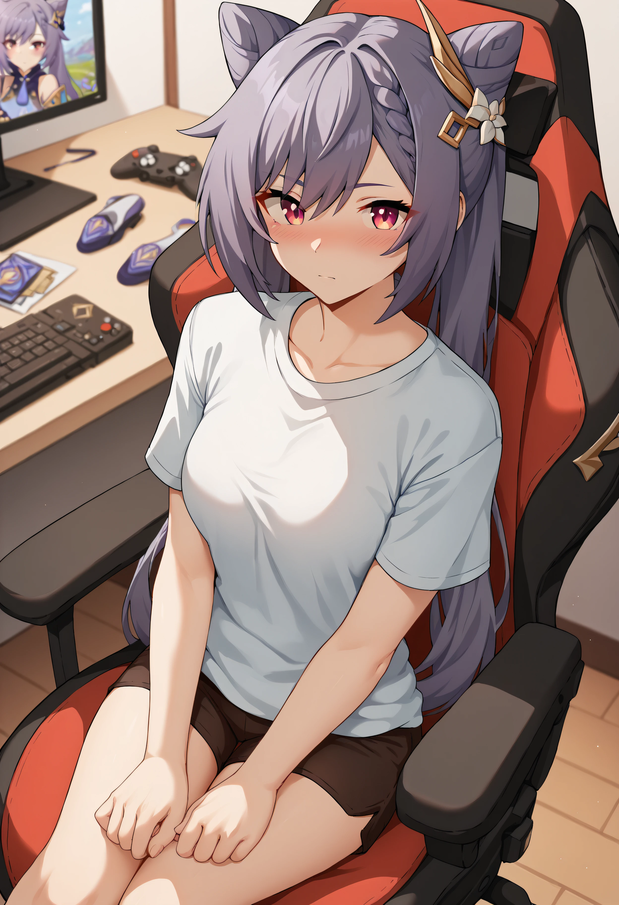 score_9, score_8_up, score_7_up, score_6_up, BREAK, sollyz, by sollyz, keqing \(genshin impact\), sitting, gaming chair, looking at viewer, blush, bedroom, <lora:SollyzStyle:0.8>