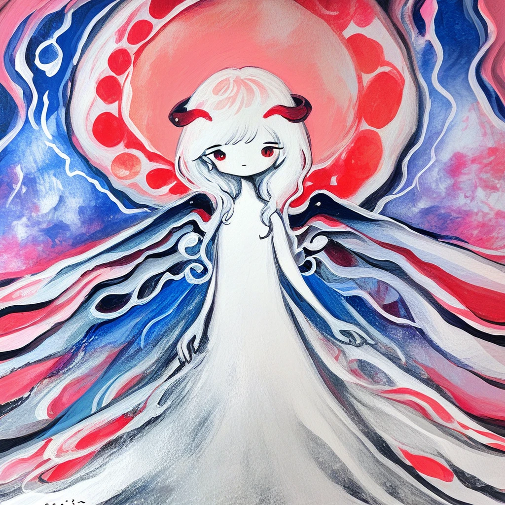 1girl, watercolor (medium), painting (medium), white hair, red eyes, horns, feathered wings, long dress