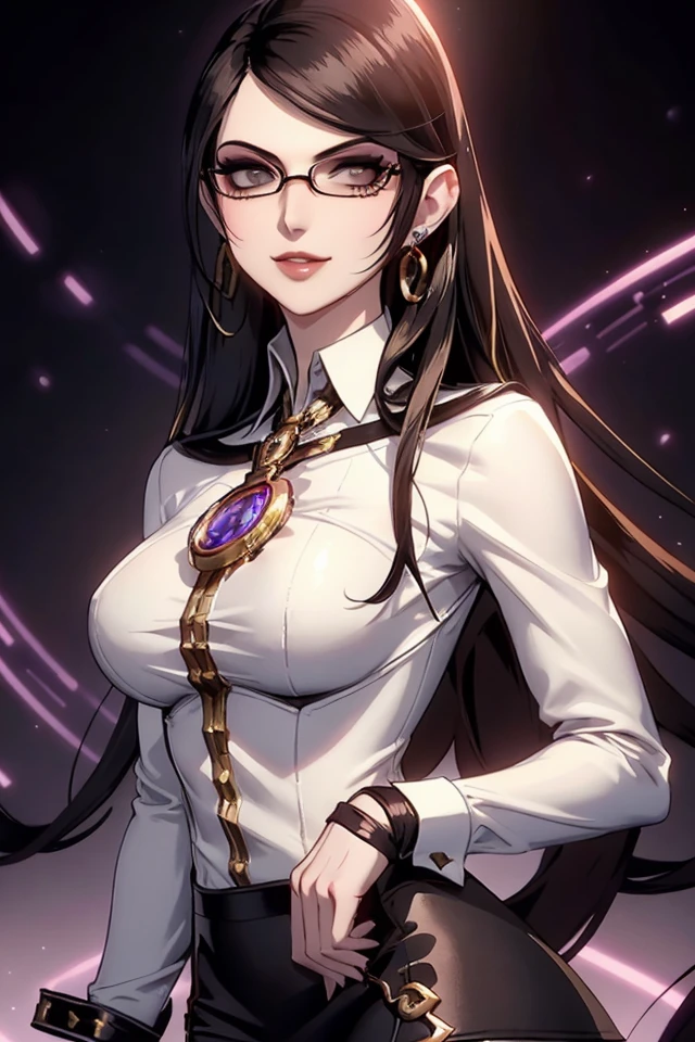 (P_Bayonetta), 1girl, glasses, solo, black hair, earrings, mole under mouth, long hair, makeup, light brown eyes, side bangs, large breasts, eyelashes, eyeshadow, lipstick, looking at viewer, smile, White shirt, black split skirt, Magical background,