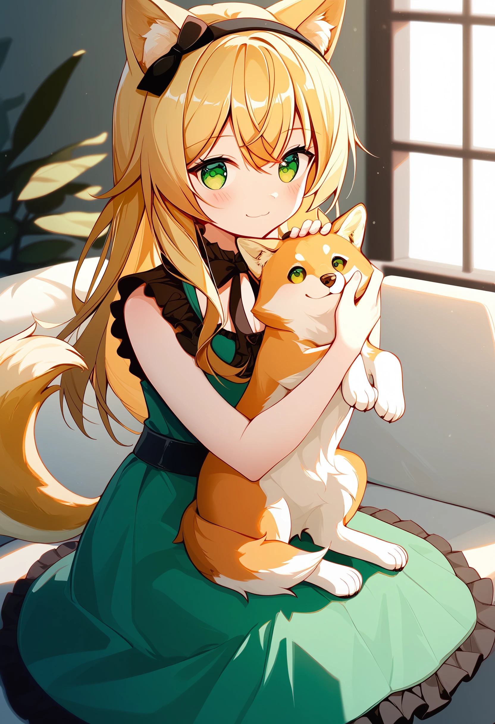 podenco \(arknights\), 1girl, animal ears, tail, green eyes, dog ears, blonde hair, smile, dog tail, holding dog, dog, shiba inu, green dress, solo, long hair, dog girl, holding, hairband, petting, looking at viewer, frilled dress, hair between eyes, sleeveless, cowboy shot, blush, closed mouth, sleeveless dress, black hairband, animal ear fluff, frills, black bow, indoors, sitting,
absurdres, score_9, score_8_up, score_7_up, score_6_up, best quality, masterpiece, very aesthetic <lora:dog_girl_concepts_v1.2:1>