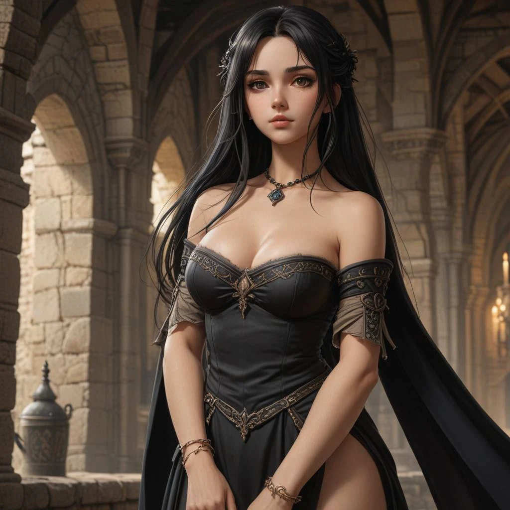 medieval style, girl, anime, beautiful, largue breasts, black hair, full body, long hair, sfw, castle, dress, perfect fingers, perfect girl, emo, darks