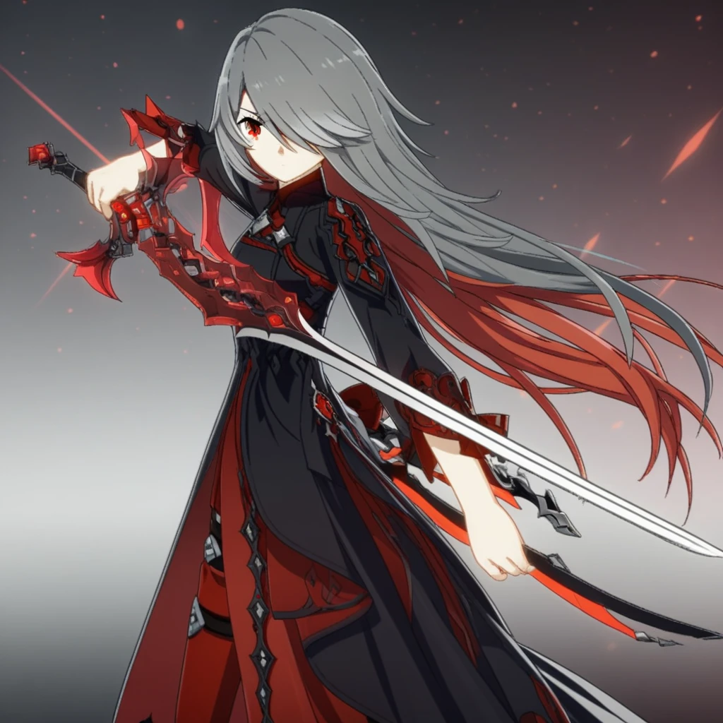 holding weapon, red hair, red eyes, long hair, weapon, hair over one eye, bow, grey hair, sword