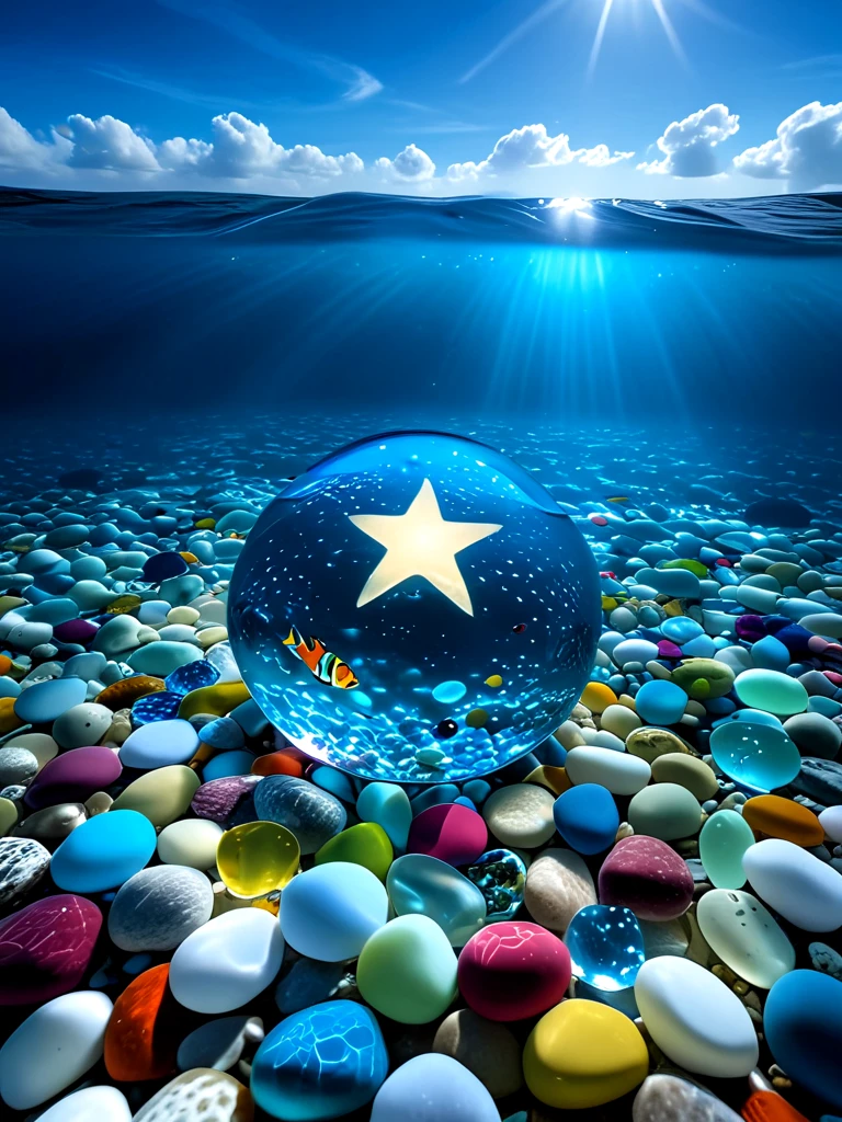 underwater illumination, deep water, ocean, sea, multicolored glass pebbles, transparent, glowing, reflection, fish, sky, sun, pentagram-shaped, <lora:glasspebblesunderwater_sdxl:0.8>