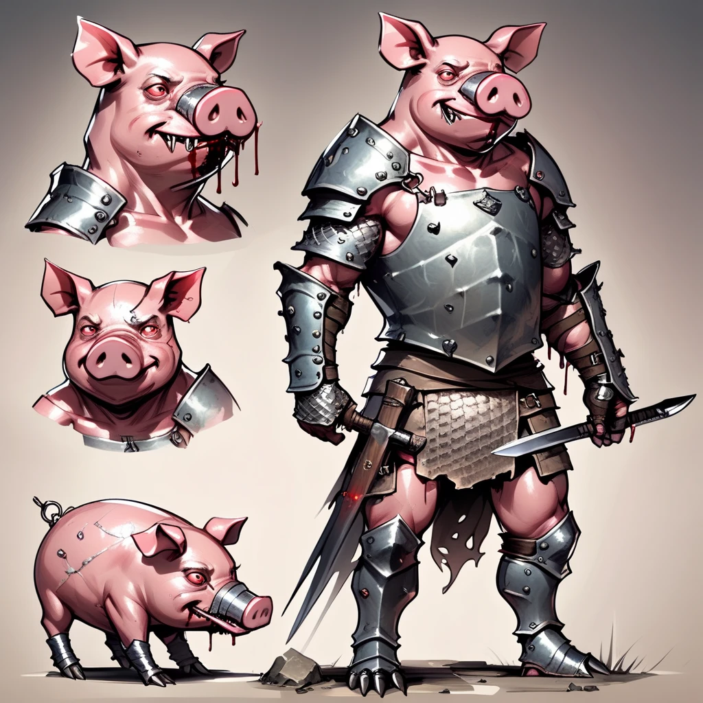 evang, Creature concept art Anthropomorphic pig wearing chainmail armor, carrying a weapon, rusty sword, rusty armor, hunched, solo, hostile, snarling, 1man, bloody, blood in knife, battle damaged, scratched, bandages, muscle