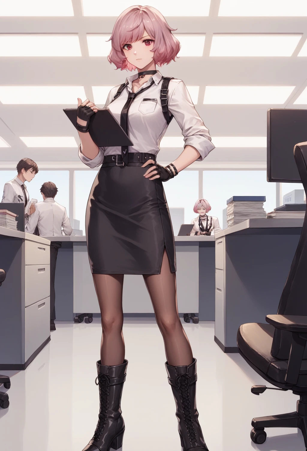 <lora:Gentiane_Girls_FrontlinePONY:1> gentiane, white and pink hair, gradiant hair, multicolored hairm  red eyes, black gloves, fingerless gloves, choker, white dress shirt, black tie, black pencil skirt, pantyhose, boots, office building setting, score_9, score_8_up, score_7_up, masterpiece, high quality, 8K