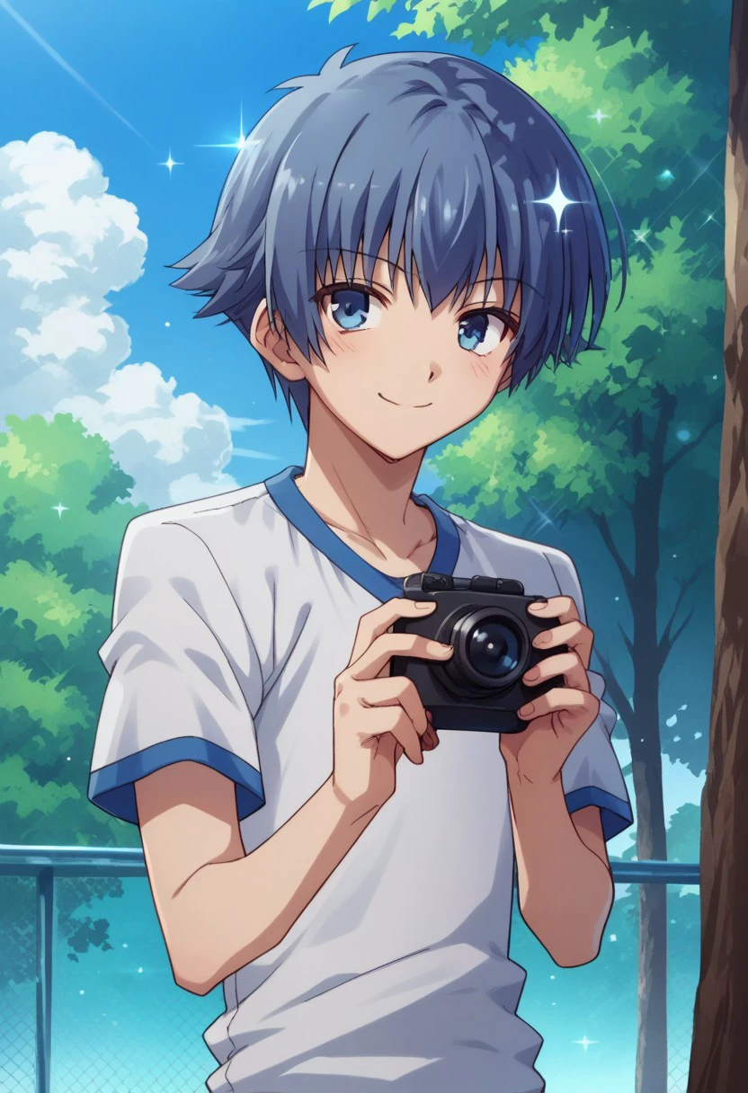 score_9, score_8_up, score_7_up, source_anime, highly detailed, 
kotatsuchiya, solo, male focus, 1boy, upper body, blue hair, blue eyes, gym uniform, short sleeves, hold, holding camera, smile, sparkle
outdoor, sky, tree