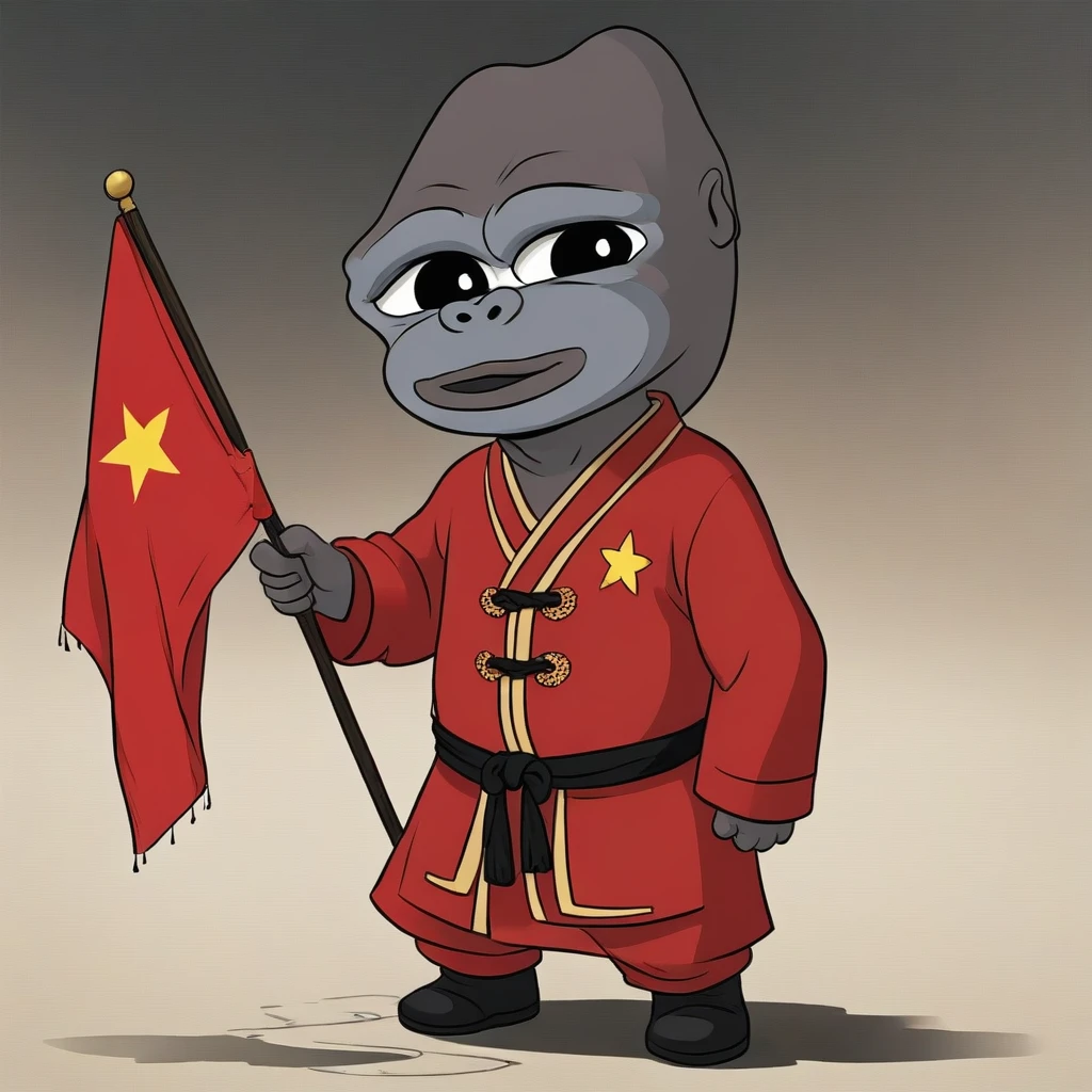 ((monke, gorilla character, monke_boy, bald,  red shirt)), ((chinese, traditional chinese clothing, chinese flag))