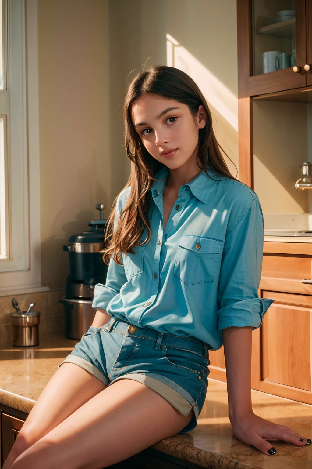  a photograph of (1girl, 21 years old, slight smile), <lora:ZH_ORodrigo_v1SD15:1>, zh_orodrigo, solo, realistic, brown eyes, black hair, looking at viewer, wearing (loose chambray button shirt and shorts)