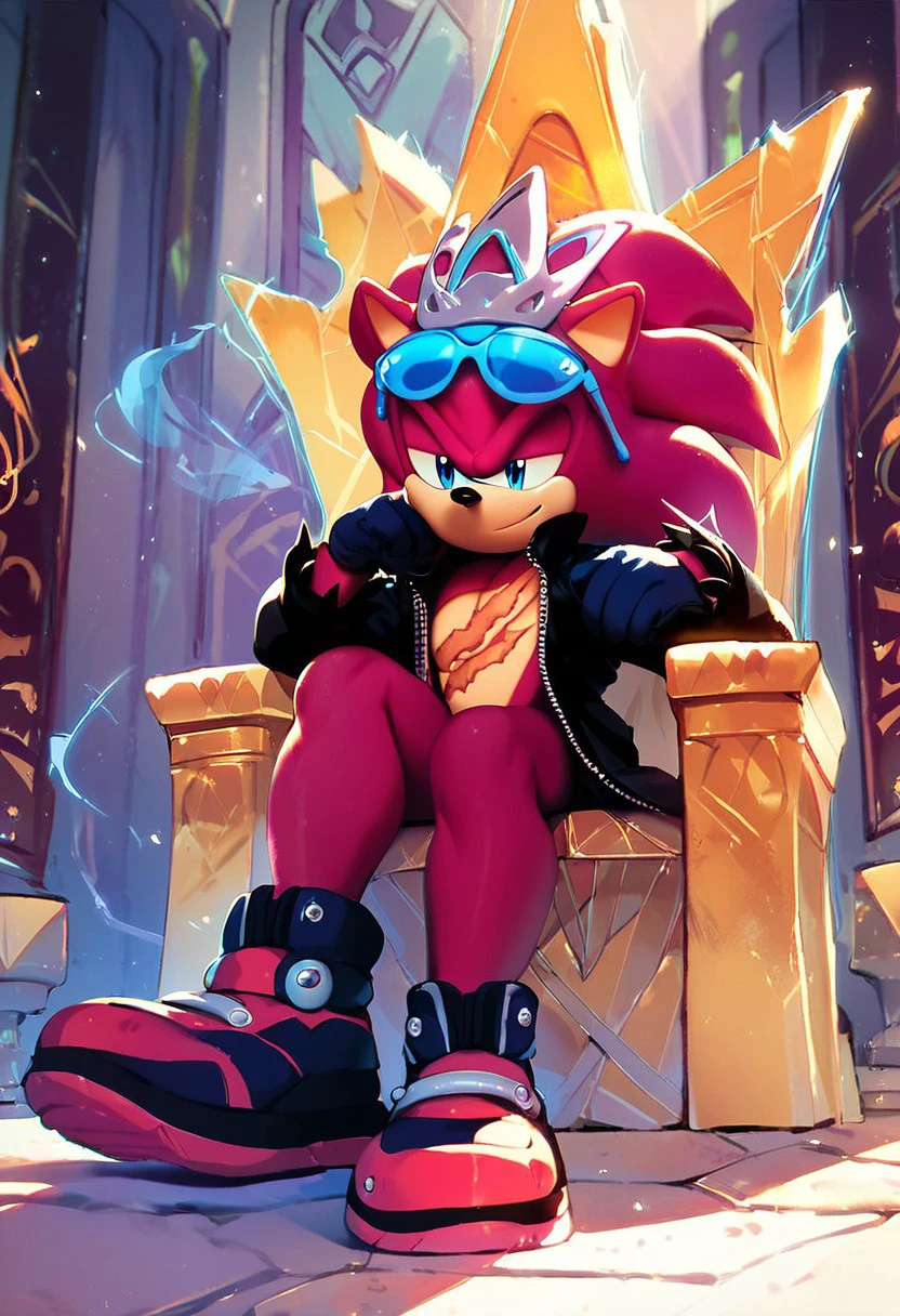 score_9, score_8_up, score_7_up, score_6_up, Super Scourge, solo, male, sunglasses, shoes, jacket, gloves,  eyewear on head, scars, headpiece, aura, royal throne, indoors, castle