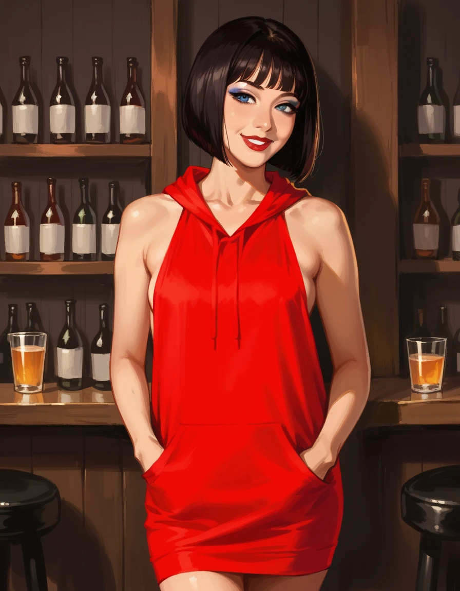 score_9, score_8_up, score_7_up, score_6_up, score_5_up, score_4_up, 1girl, solo, makeup, lipstick, blue eyes, black bob cut hair, hud_h00diedrss, red dress, short backless hoodie dress, bare shoulders, sleeveless, <lora:hoodiedress:0.6>, bar, seductive smile, facing viewer, hood up, hands in pockets,