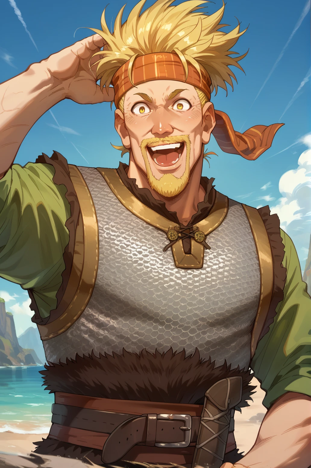 1boy, solo, laughing, posing. Thorkell, beard, (yellow eyes:1.15), chainmail armor, belt, headband, short green sleeves   <lora:Thorkell-v2:1>, score_9, score_8_up, score_7_up, score_6_up