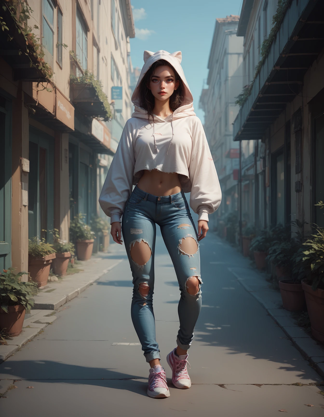 score_9, score_8_up, score_7_up, score_6_up, score_5_up, 1 girl, Jed-cslstwr, Casual Streetwear,  Oversized white hoodie, ripped jeans, sneakers, bare midriff, outdoor,    <lora:CasualStreetwear:0.7>