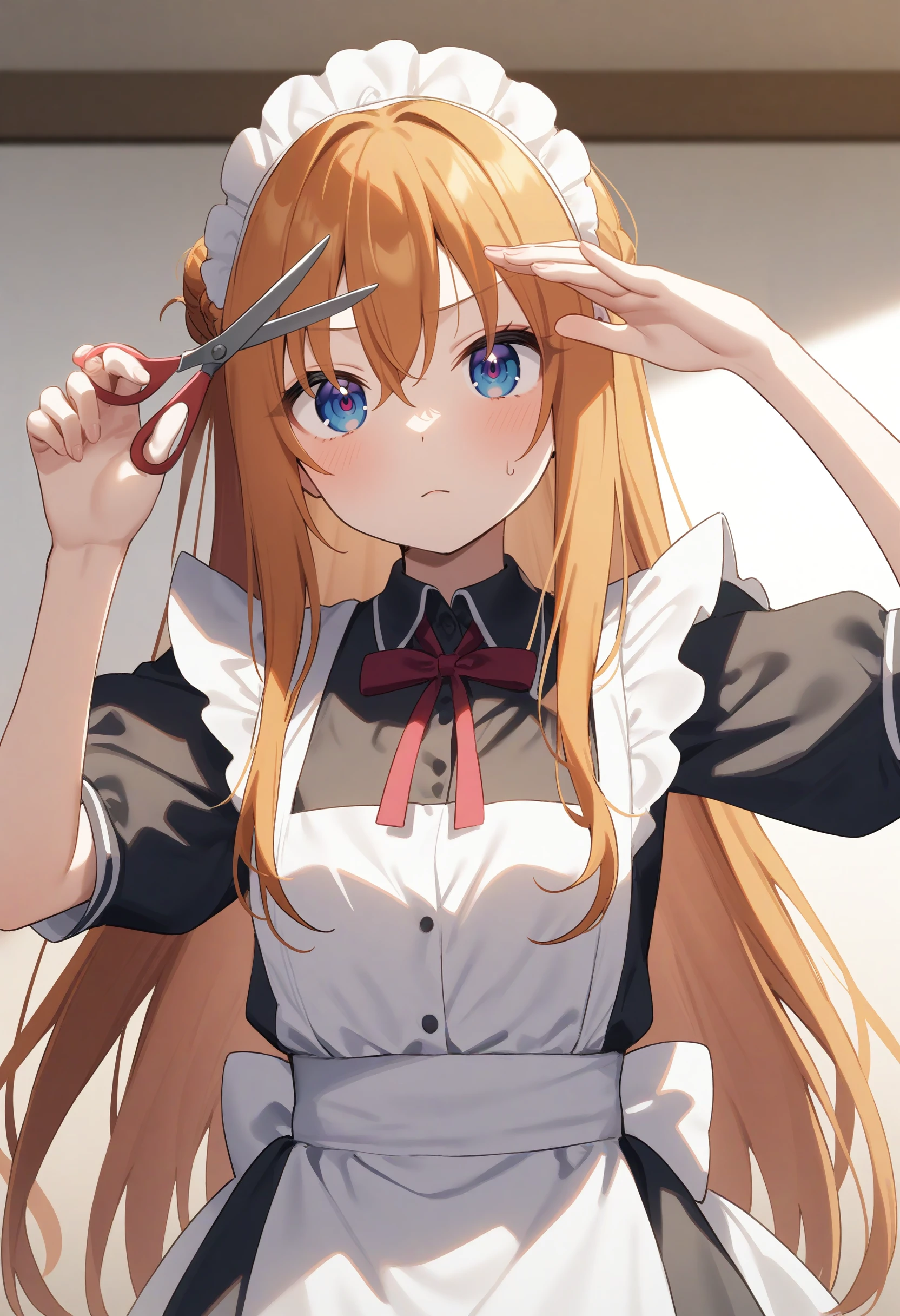 1girl,sincos, ningen mame, toosaka asagi,solo,medium breasts,20yo,maid,maid headdress,
cutting hair, scissors, bangs, severed hair, hand up, arm up,<lora:cuttinghair_XL_v2:0.8>
indoors,ceiling, upper body, looking at viewer, orange hair, pink eyes,expressionless, closed mouth, hair bun hair,,
best quality, very aesthetic, absurdres