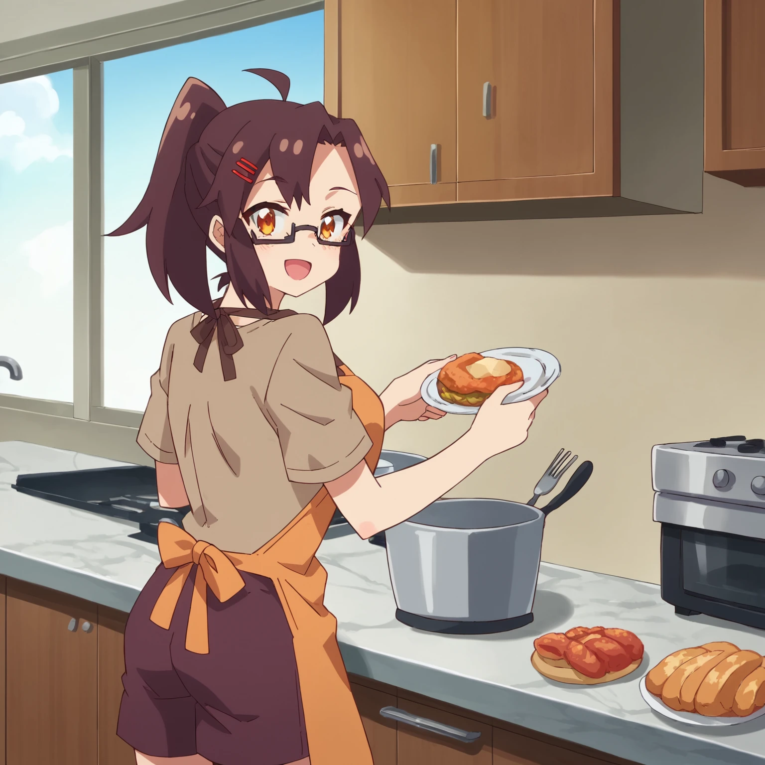 score_9, score_8_up, score_7_up, source_anime BREAK
1girl, cowboy shot, indoors, kitchen, window, food, from behind, looking back, open mouth, smile, looking at viewer
<lora:Koenji-750:1>
koenji, glasses, red hairclip, high ponytail
brown t-shirt, orange apron, maroon shorts