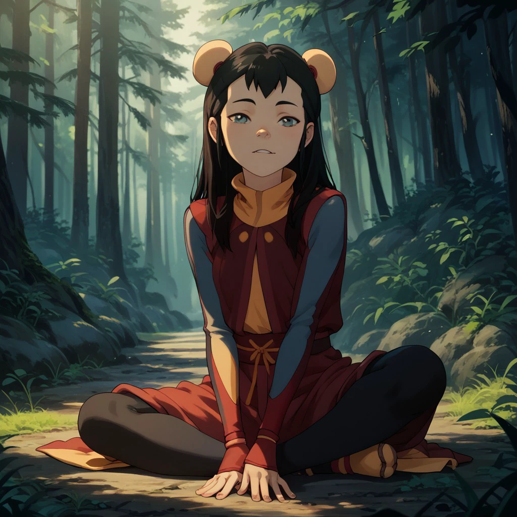 score_9, score_8_up, score_7_up, score_6_up, score_5_up, score_4_up, 1girl, Ikki, in a forest, sitting on the floor, posing