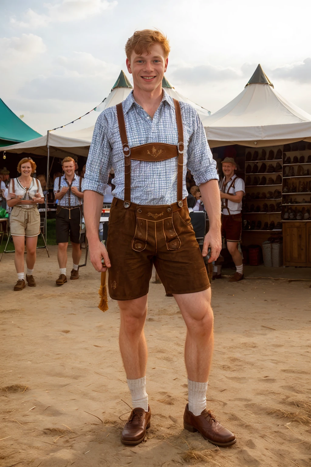 Slovak folk festival, festival tent, smiling, dancing, ginger hair, VirgilCohen, wearing l3denh0sen, suspenders, shorts, socks, shoes, (((full body portrait))), wide angle  <lora:VirgilCohen:0.8>   <lora:Clothing - Sexy Ledenhosen:0.7>