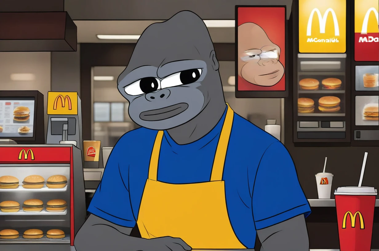  ((monke, gorilla character, monke_boy, bald, solo, 1boy, blue shirt)), comic book effect, ((McDonalds, working uniform, apron, red and yellow uniform, behind counter, sad, sleepy)), interior,  (((McDonalds))), 