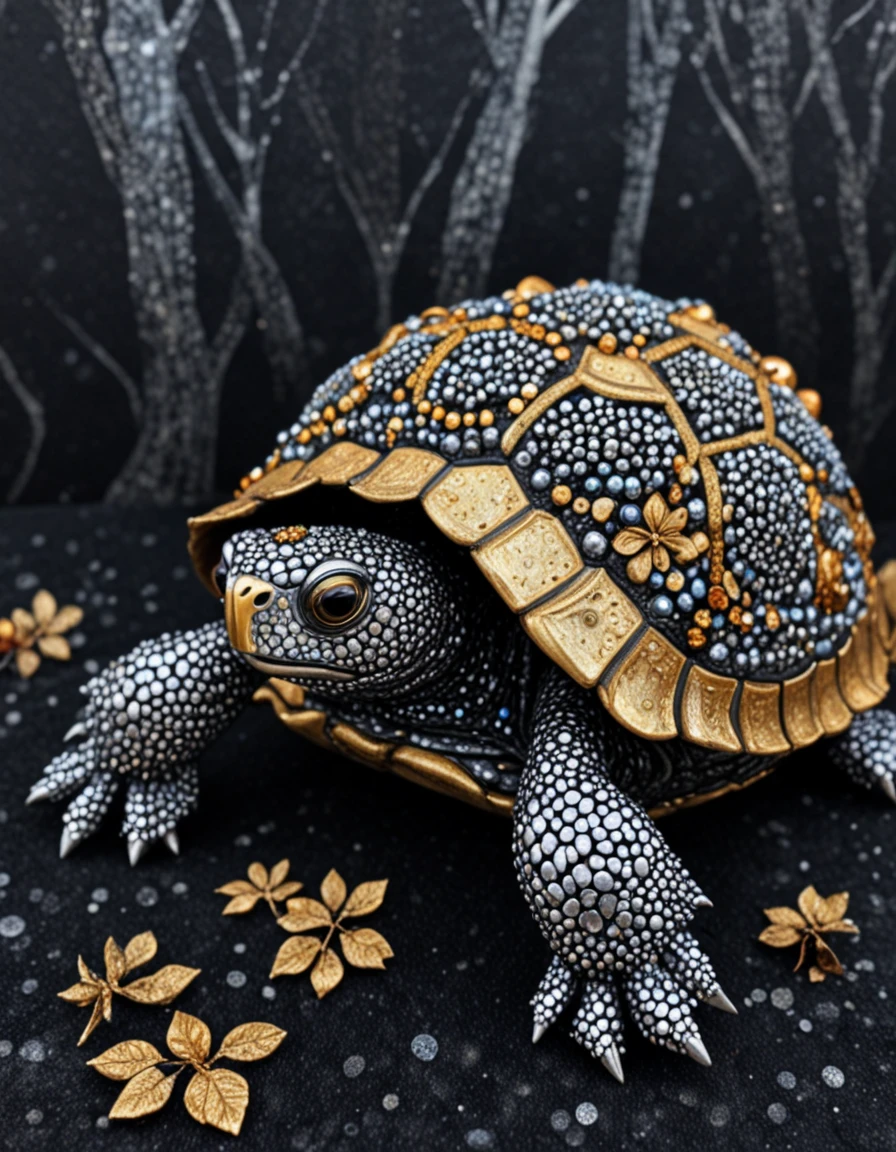 novuschroma63 style eastern box turtle  , made of silver and gold jewels, glitter <lora:sdxl_lightning_8step_lora:1> <lora:novuschroma63 style:1>