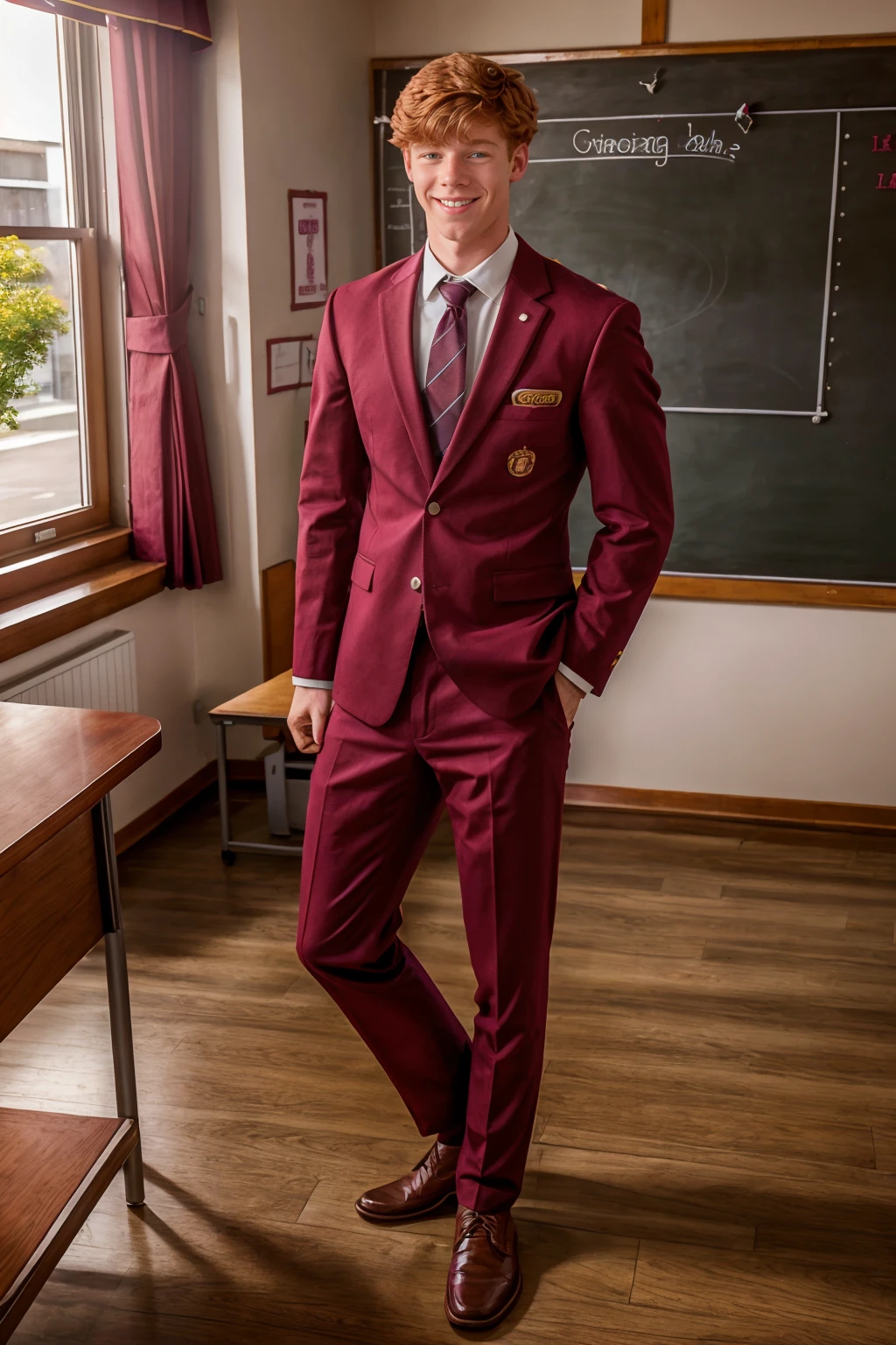 classroom of an elite private high school, standing beside student desk, smiling, ginger hair, VirgilCohen, wearing (maroon youngroyals uniform), (((full body portrait))), wide angle  <lora:VirgilCohen:0.8> <lora:youngroyals_lora:0.75>