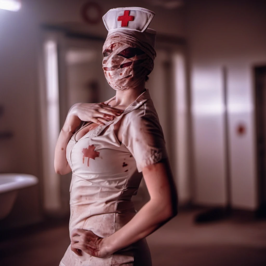 cinematic photo 1girl nurse, hat, nurse cap, bandages, horror (theme), breasts, cleavage, blood, crawls, turn over, back view <lora:Nurse1024:0.9> . 35mm photograph, film, bokeh, professional, 4k, highly detailed