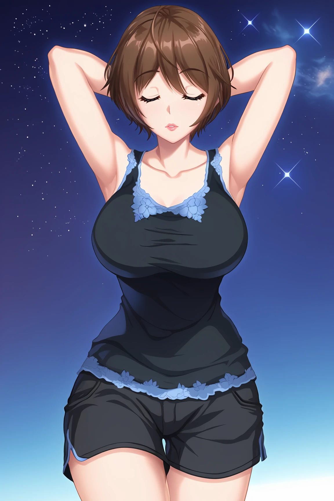 score_9, score_7_up, source_anime, 
BREAK
solo, 1girl, 
<lora:4-KusakabeAkiho-02:1>,
KusakabeAkiho, 
black shorts, sleeveless shirt, black shirt, black tank top, collarbone, blue trim, sleepwear, bare shoulders, bare arms, blue floral print, short shorts,
BREAK
puckered lips, 
starry sky, beautiful detailed glow, blink stars, 
arms behind head, 
dynamic angle,