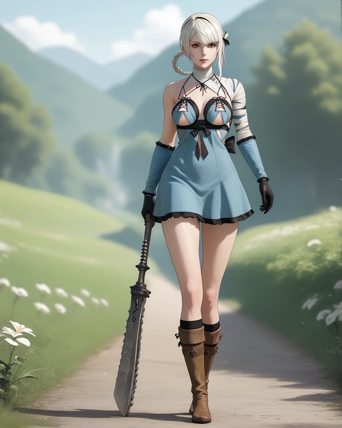 <lora:Kaine (Nier) v2 :1>, kaine (nier), 1girl, solo, full body, outdoors, depth of field