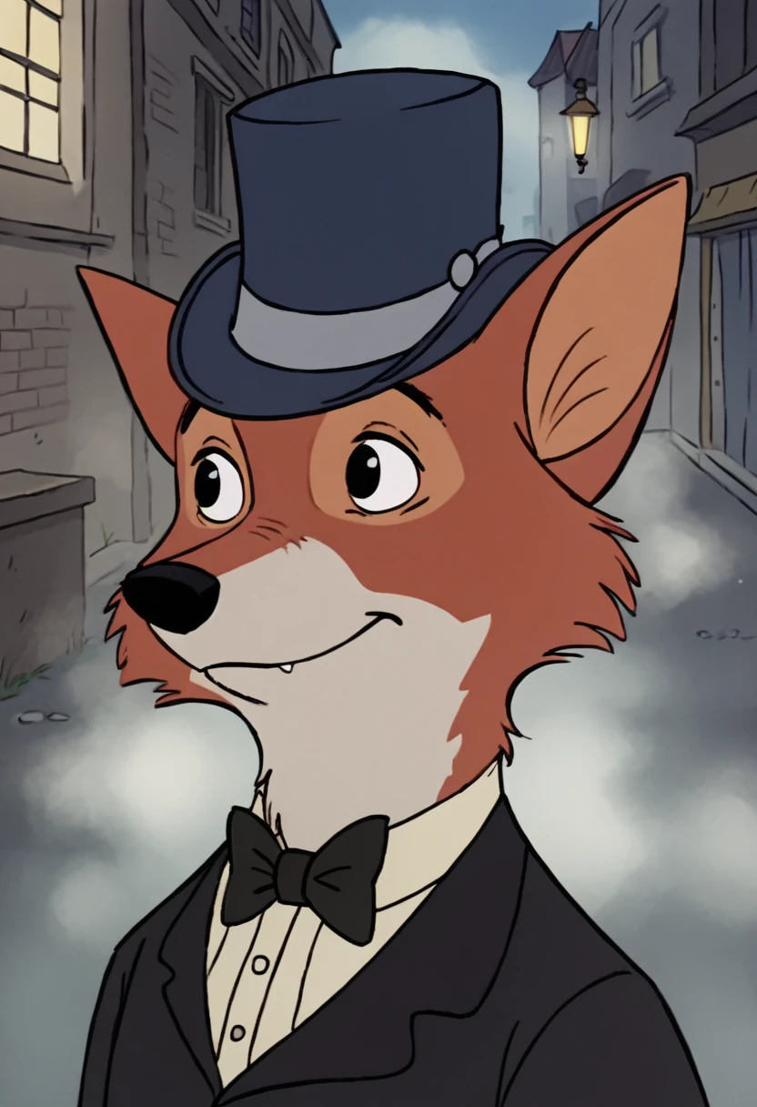 (robinhood:0.8) portrait, upper body, wearing bowler cap, victorian era, alley, fog, tuxedo <lora:robinhood-v2-ponyv6xl:0.8>