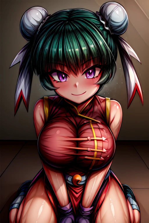 masterpiece_portrait, high quality, anime coloring,beyblade: metal fusion,mei-mei,1girl ,solo,breasts,chinese clothes,hair bun,double bun,china dress,open mouth,dress,sitting,smile,bangs,bun cover,gloves,fingerless gloves,purple eyes,looking at viewer,large breasts,belt,:d,taut clothes,shadow,bare shoulders side slit,sleeveless, wariza,green hair,standing <lora:hyperdetailer_v095:0.8> <lora:more_details:0.6> <lora:Mei-mei:1> <lora:pytorch_lora_weights:0.3>