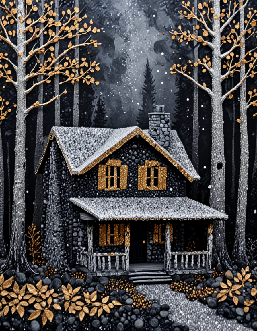 novuschroma63 style rustic cabin deep in the woods with a charming log exterior  , made of silver and gold glitter <lora:sdxl_lightning_8step_lora:1> <lora:novuschroma63 style:1>