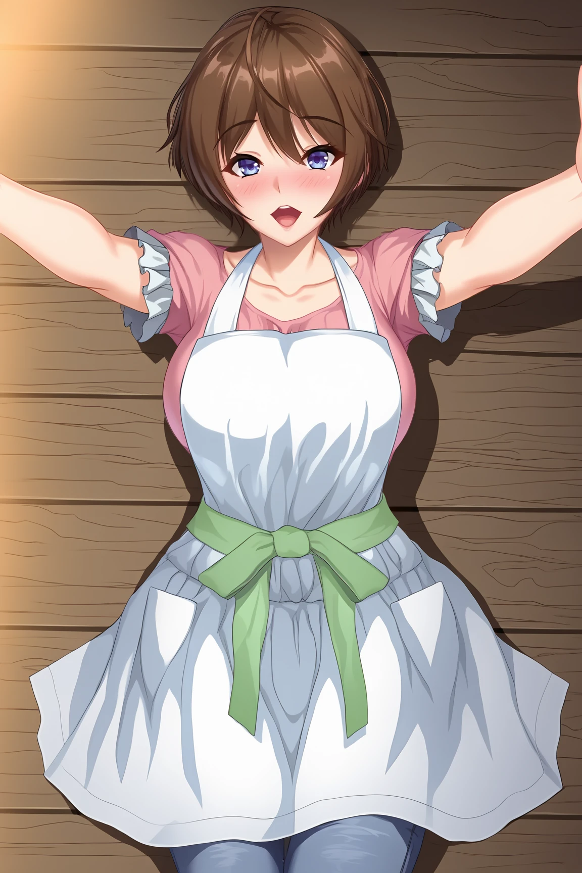 score_9, score_7_up, source_anime, 
BREAK
solo, 1girl, 
<lora:4-KusakabeAkiho-02:1>,
KusakabeAkiho, 
white apron, waist ribbon, green ribbon, pink shirt, short sleeves, frilled sleeves, collarbone, jeans, capri pants,
BREAK
Archery range,
Blushing, 
Lying on the stomach, arms outstretched, straight-on,