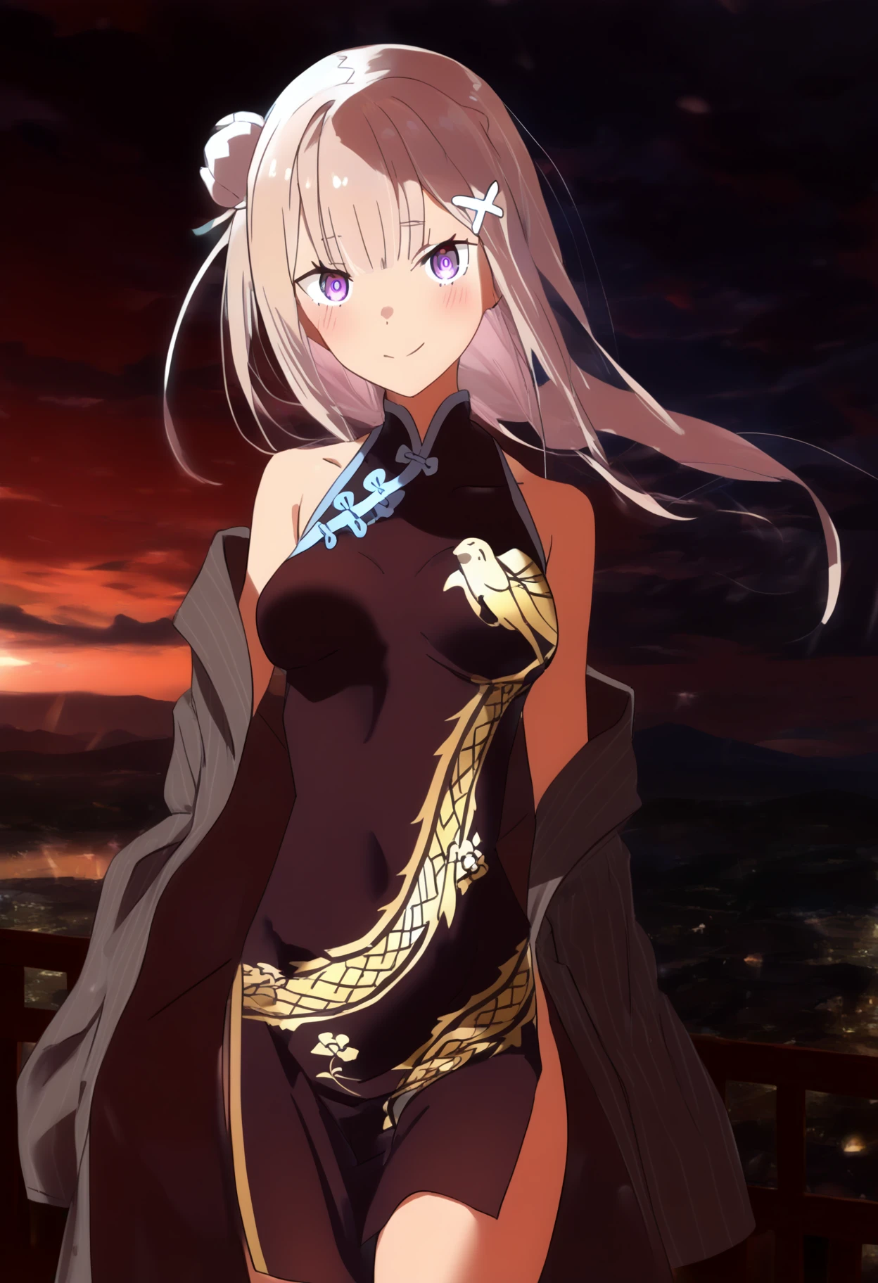 score_9, score_8_up, score_7_up,source_anime, rating_explicit,
BREAK
1girl, solo, <lora:shiEmilia:0.8>, shiemilia, long hair, bangs, white hair, x hair ornament, purple eyes, <lora:kisakiOutfit:0.95>, kisakioutfit, china dress, chinese clothes, pelvic curtain, looking at viewer, smile, grey jacket, off shoulder, bare shoulders,