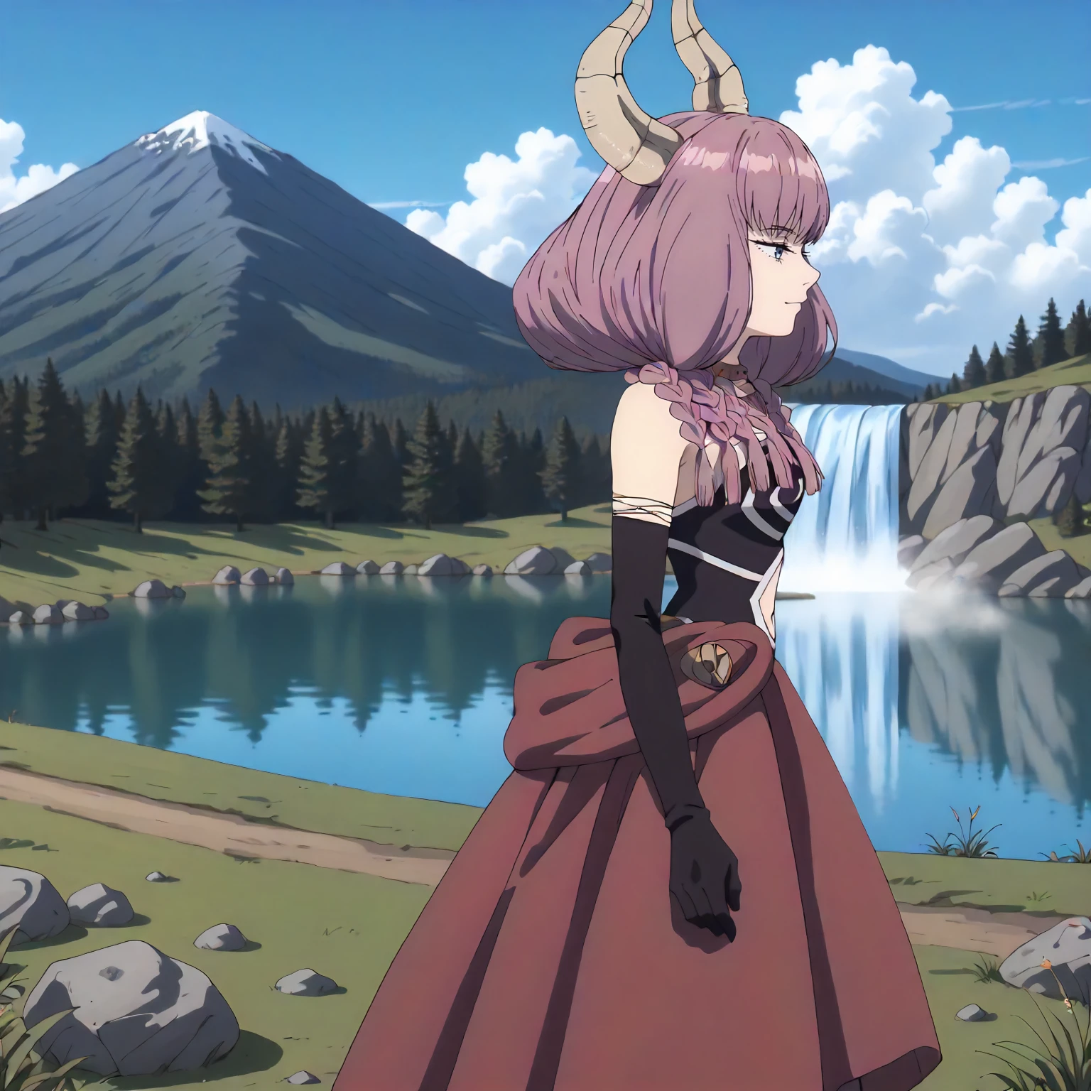 <lora:FBJE_TheGuillotineAuraXLpony009>,
outdoors,nature,grassland,grass,plant,mountain,lake,blue sky,cloud,natural light,waterfall,fog,
half-closed eyes,
solo,
TheGuillotineAura,1girl,pink hair,horns,multiple braids,blue eyes,
bare shoulders,
choker,
dress,navel cutout,
black elbow gloves,
red long skirt,
from side,profile,