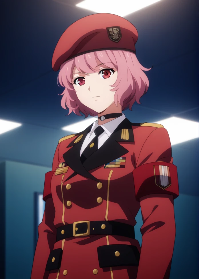 <lora:Gentiane_Girls_FrontlinePONY:1> gentiane, pink hair, short hair, bangs, red eyes, military uniform,( beret with pin), choker with pendent,, score_9, score_8_up, score_7_up, masterpiece, high quality, 8K