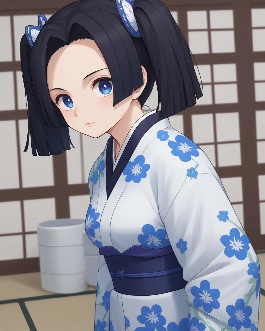 <lora:aoi:1>, aoi (demon slayer), 1girl, solo,  floral kimono, demon slayer, blue eyes