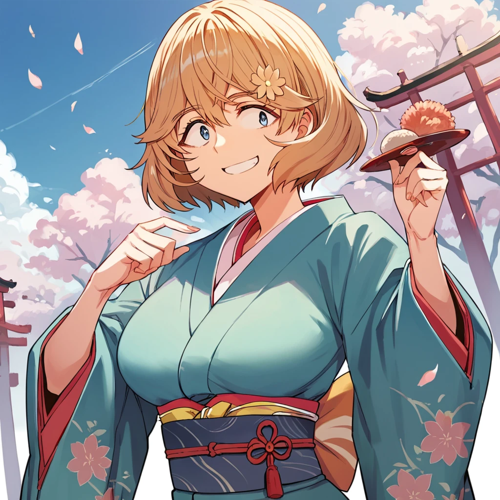 score_9, score_8_up, score_7_up, score_6_up,  rating_safe, source_anime, perfect anatomy, ultra detailed, 1girl,  solo, alone, amano haruka, short hair, large breasts, hair flower, kimono, smiling