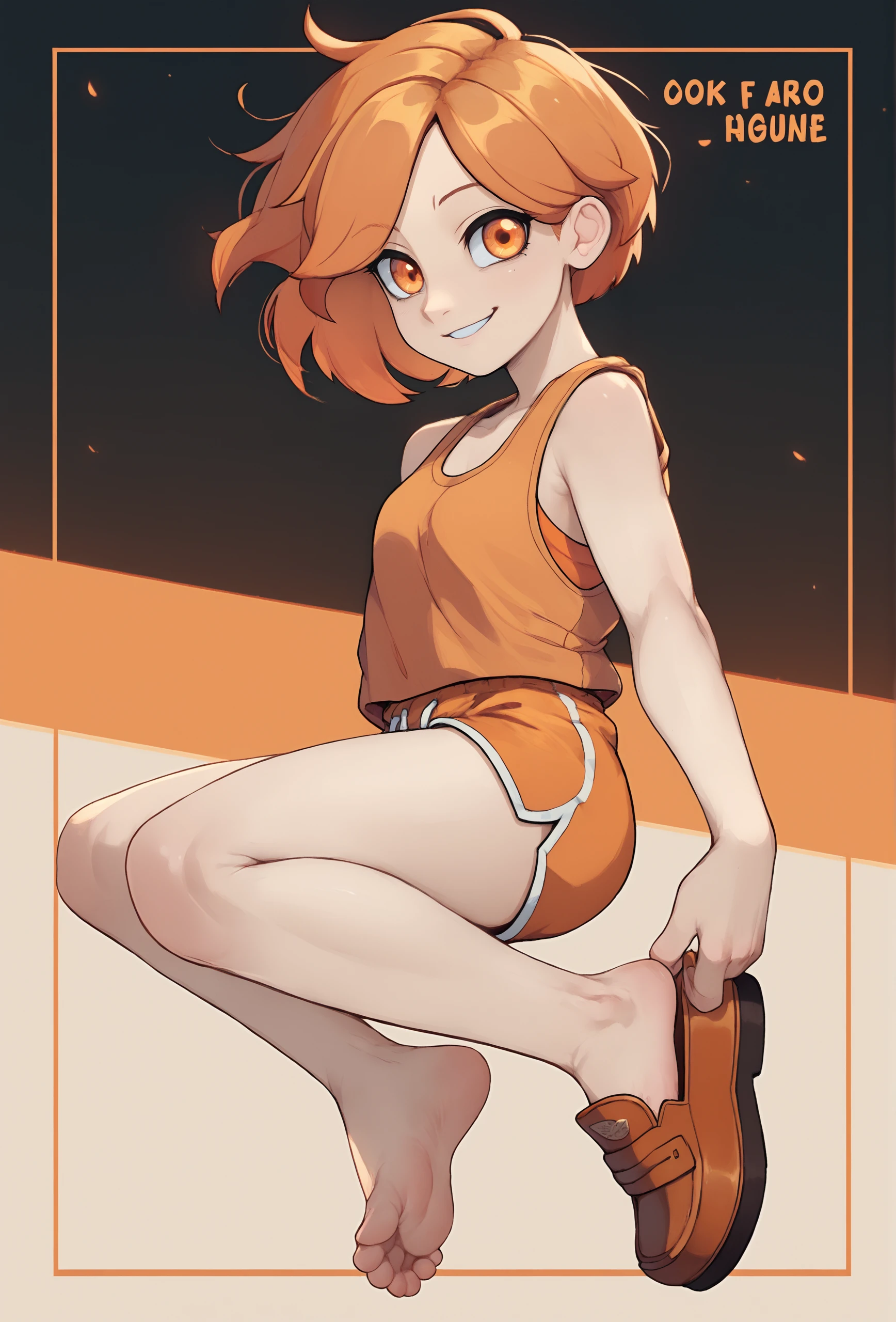 score_9, score_8_up, score_7_up, score_6_up, score_5_up, score_4_up,  <lora:k-rha_style_ponyXL_v2:1.0> krhastyle, (orange theme:0.8), orange hair, english text
1girl, looking at viewer, orange eyes, eye reflection, orange dolphin shorts, feet, orange tank top, orange loafers,  very short hair, sidecut, floating hair, parted bangs, sad smile