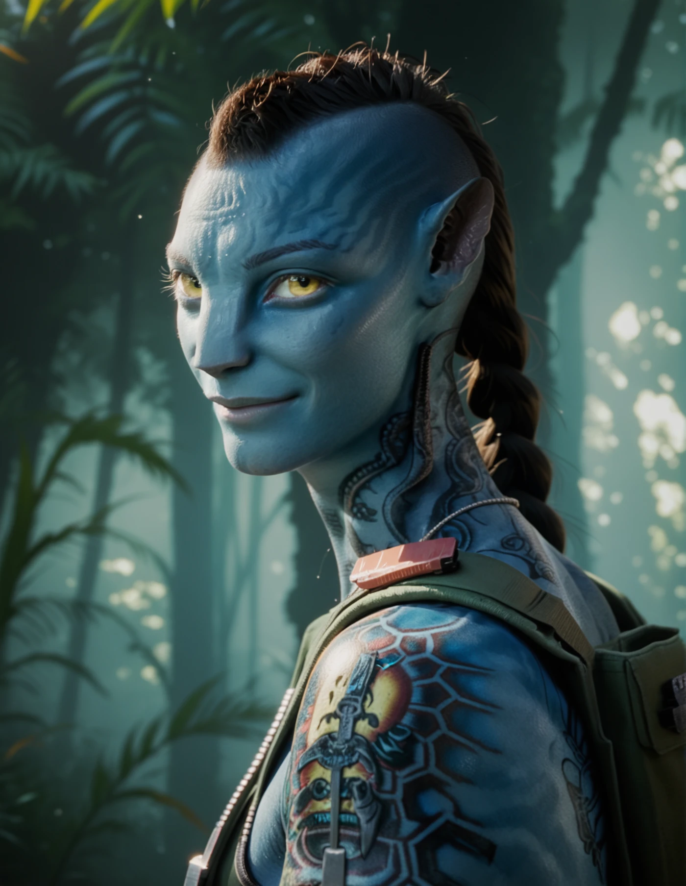 <lora:Z-dog_V2:1> zdinarsk, braid portrait, looking at the viewer, blue skin, tattoos, side shaved hair, yellow eyes, closed mouth, dogtags, regatta, side view, braid, solo, smile, forest background, score_9, score_8_up, score_7_up, score_6_up