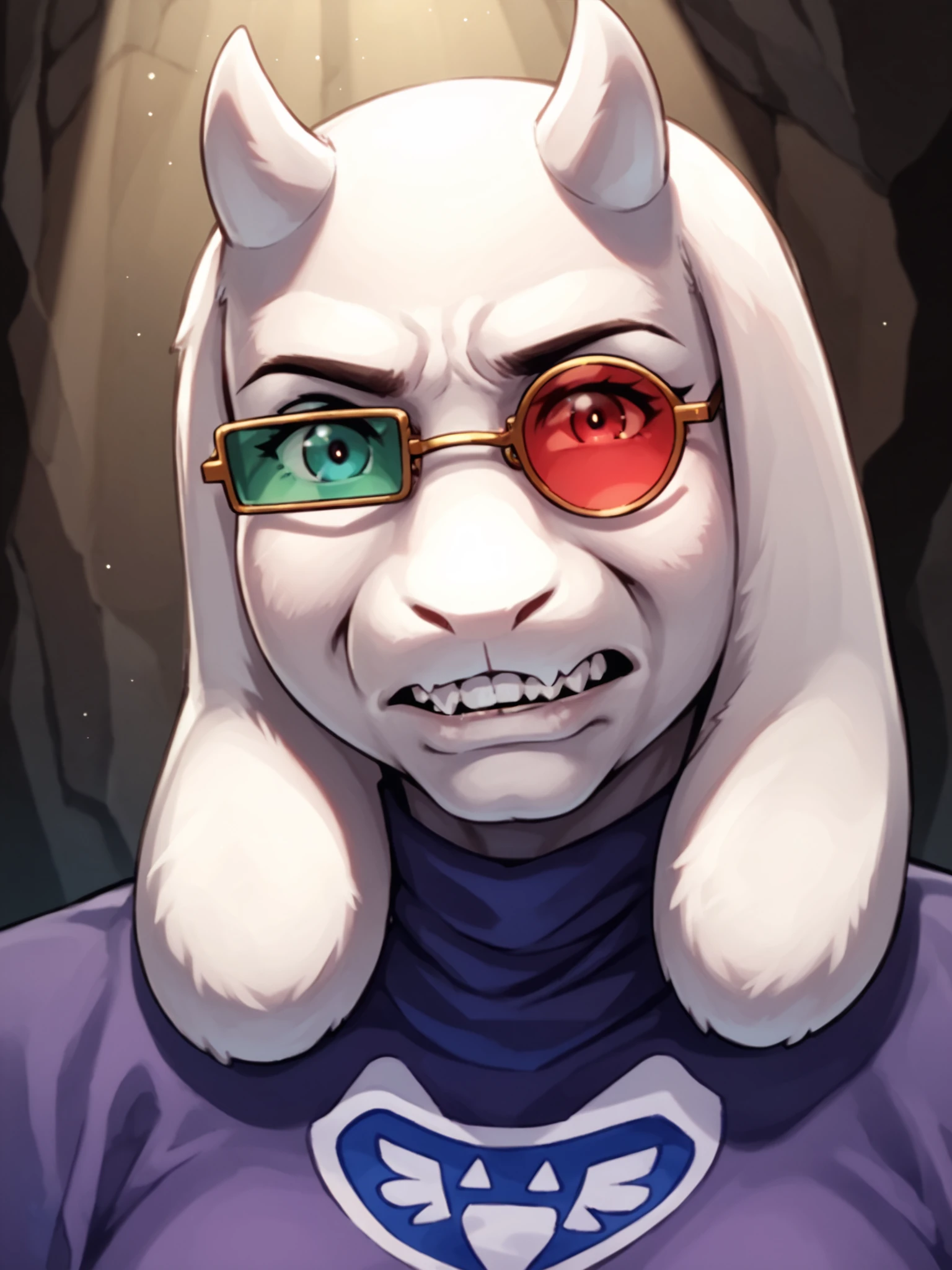 score_9, score_8_up, score_7_up, score_6_up, score_5_up, score_4_up, cave, spotlight, upper body, portrait BREAK
<lora:SJGlasses_d8-000010:0.9> sjglasses, toriel, white body, white fur, clenched teeth, looking at viewer