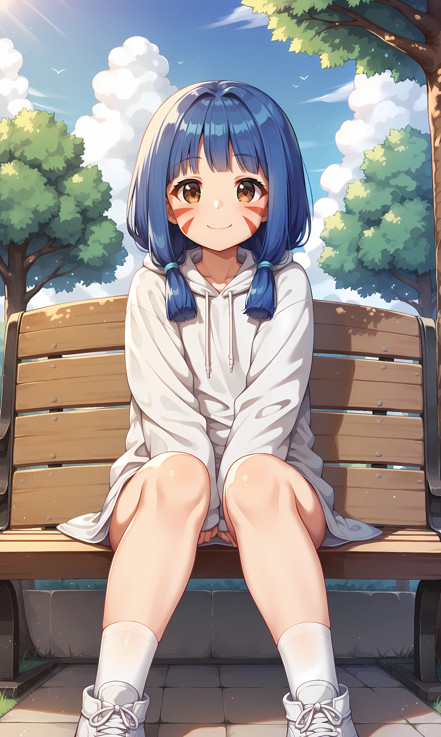  score_9, score_8_up, score_7_up, BREAK source_anime, 1girl, solo, outdoors, park, cowboy shot, looking at viewer, maeda, brown eyes, blue hair, short hair, low twintails, facepaint, hoodie, long sleeves, white socks, white sneakers, no pants, sitting, on bench, from below, smile, closed mouth