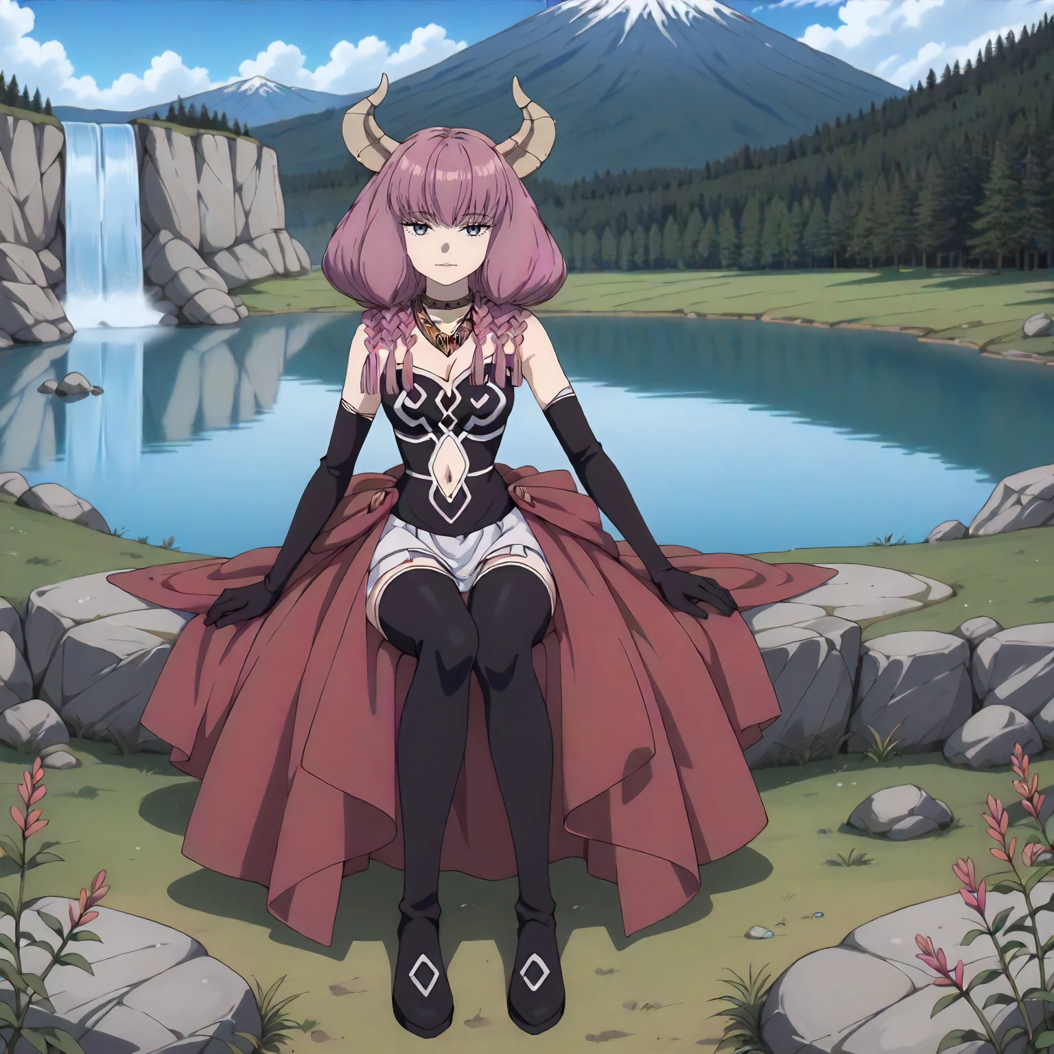 <lora:FBJE_TheGuillotineAuraXLpony009>,
outdoors,nature,grassland,grass,plant,mountain,lake,blue sky,cloud,natural light,waterfall,fog,
looking at viewer,half-closed eyes,
solo,
TheGuillotineAura,1girl,pink hair,horns,multiple braids,blue eyes,
bare shoulders,cleavage,
choker,necklace,
dress,navel cutout,navel,
black elbow gloves,
red long skirt,white mini skirt,
zettai ryouiki,
thigh boots,
full body,sitting,