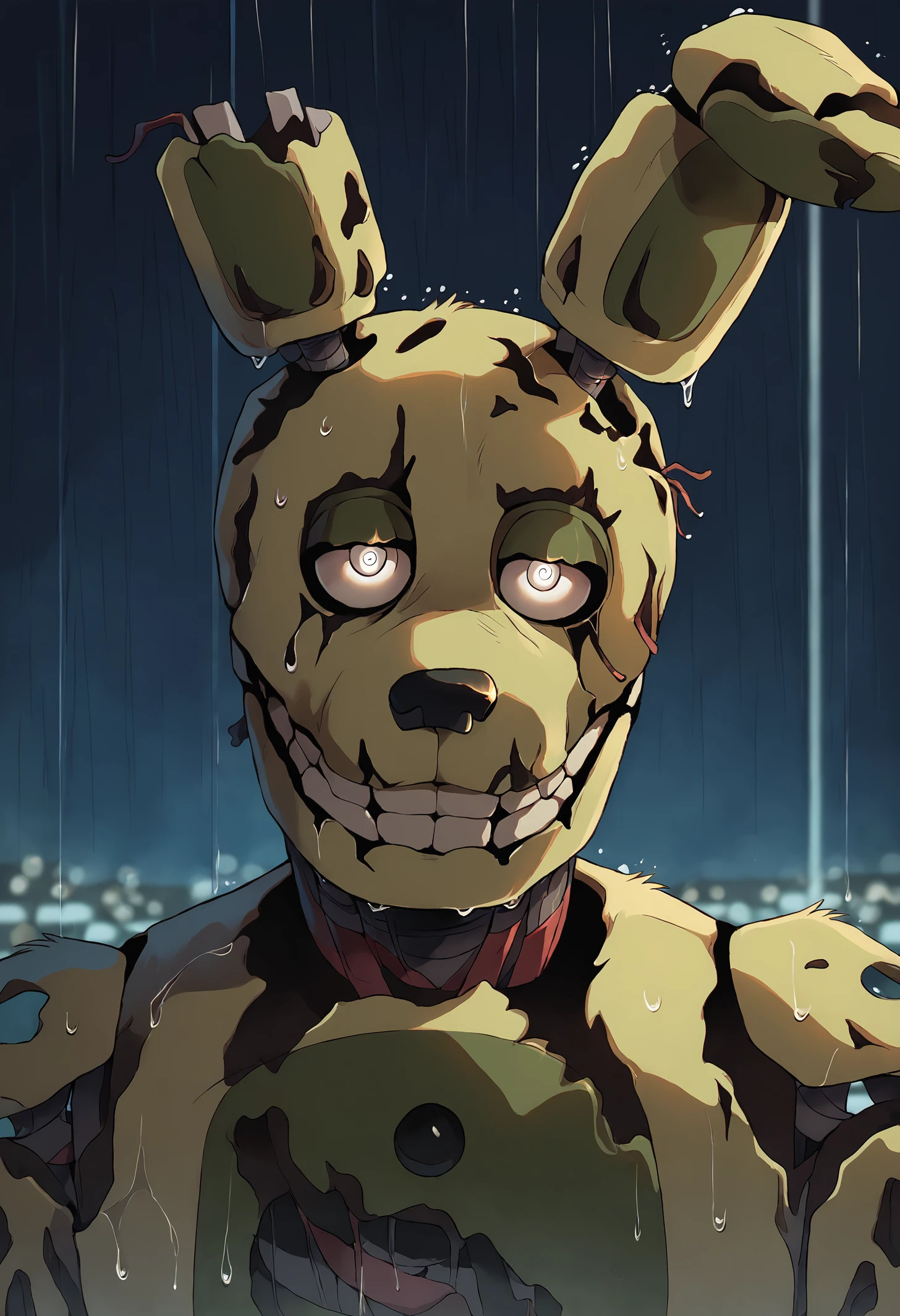 score_9, score_8_up, score_7_up, (springtrap, animatronic), upper body, muscular, male focus, smile, ((fur, detailed fur)), sad, half-closed eyes, looking at viewer, correct eyes, glowing, outside, rain, wet, night, FNAF, white eyes, cinematic, detailed, dark background, blurry background, light particles, best quality, masterpiece <lora:Springtrap_v3:0.93> <lora:sharp_style_magin3.1:0.25> <lora:Pony_DetailV2.0:0.75>