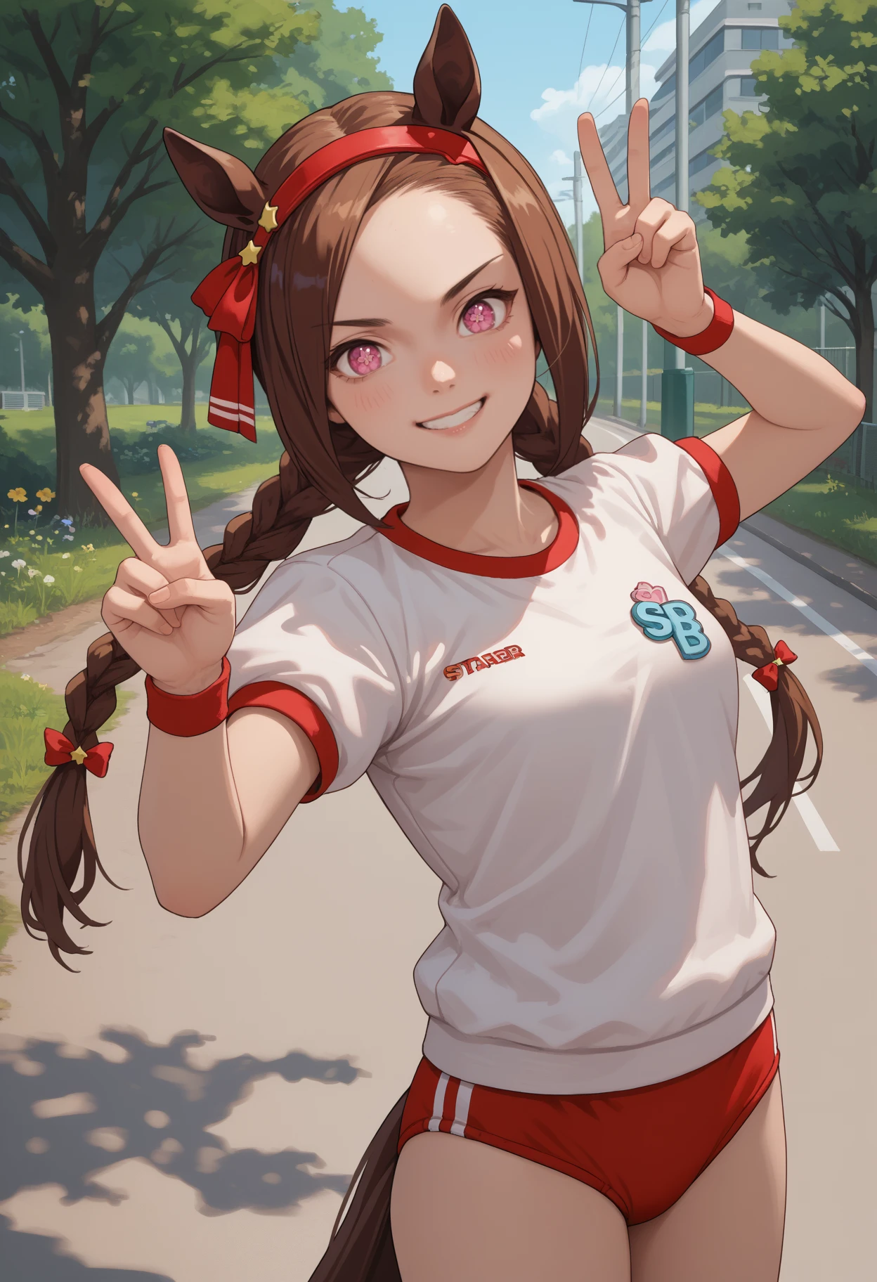 score_9, score_8_up, score_7_up, source_anime, solo, 1girl, bakushinoleader, horse tail, smirk, looking at you, standing, peace sign, twin braids, red hairband, horse ears, pink eyes, flower-shaped pupils, symbol in eye, flower in eye, gym uniform, white shirt, short sleeves, red buruma, outdoors, path, park
<segment:yolo-face_yolov8m.pt,0.4,0.5>