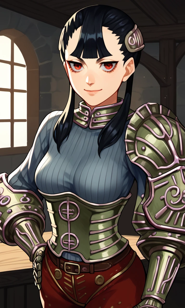 score_9, score_8_up, score_7_up, score_6_up, 1girl, solo, smile, Ashei, armored collar, armored corset, belt, black hair, blunt bangs, boots, gauntlets, hair ornament, long hair, single pauldron, red eyes, red pants, grey ribbed sweater, shoulder armor, jitome, twintails, vambraces, long eyelashes, half-closed_eyes, indoors, medieval tavern interior 