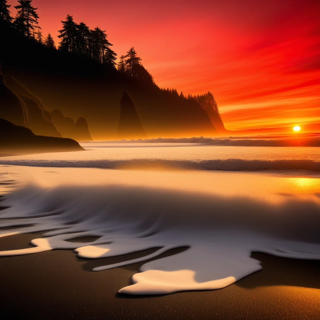 a extreme tsunami on a ruby beach with a sunset of beauty