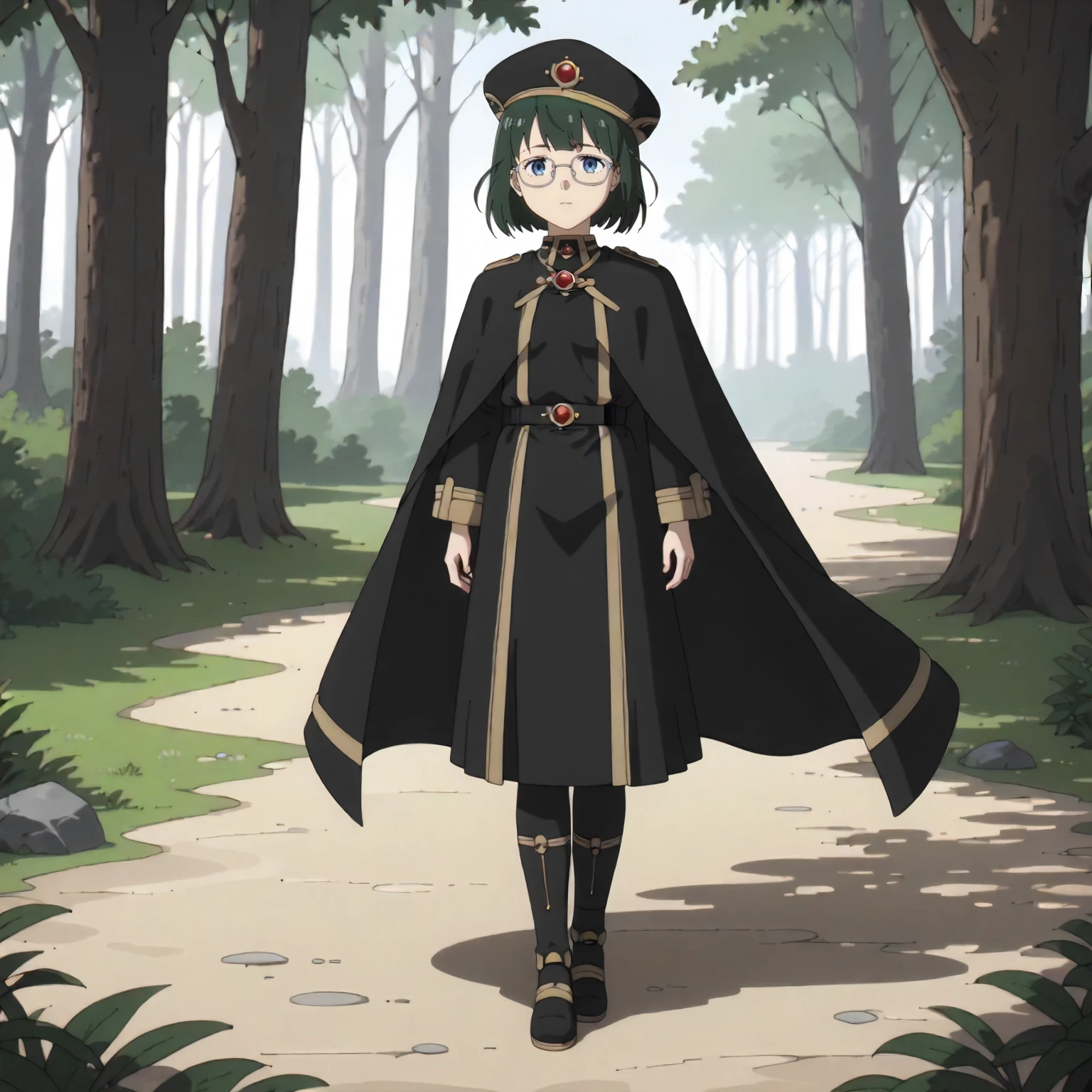 <lora:FBJE_receptionisXLpony001>,
outdoors,nature,
solo,
receptionis,1girl,green hair,short hair,blue eyes,eyewear,
black hat,cape,black uniform,robe,
full body,standing,