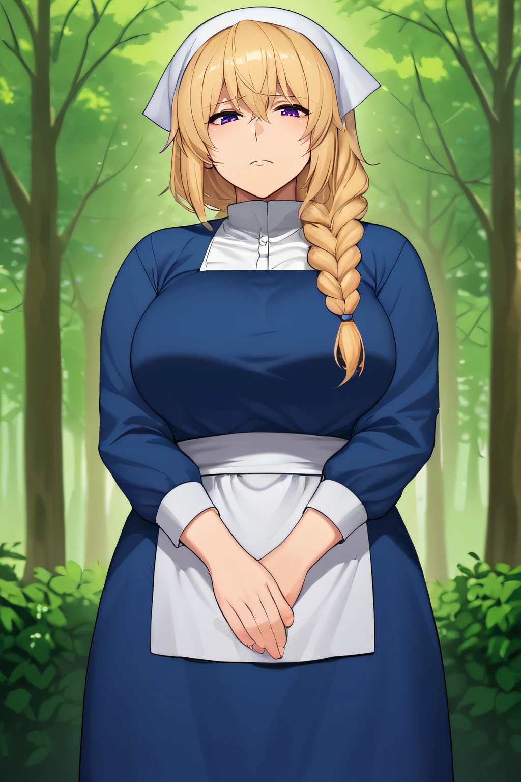 score_9, score_8_up, score_7_up, source_anime, rating_safe, intricate details, 1girl, solo,  <lora:Isabelle_Romee:1>, romee, blonde hair, single braid, purple eyes, sad expression, grey head scarf, large breasts, mature woman, blue dress, grey waist apron, plump, long sleeves, cowboy shot, looking at viewer, outdoor