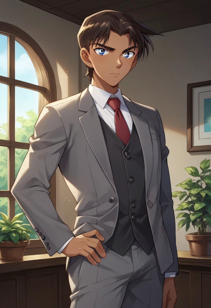 score_9, score_8_up, score_7_up, source_anime, highly detailed,  
heijihattori, 1boy, dark-skinned male, male focus, dark skin, solo, hand on hip, necktie,
formal, suit, grey vest, pants, grey pants, looking at viewer, vest, adjusting clothes, brown hair, blue eye, upper body
indoor, window, plant,